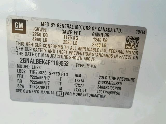 2GNALBEK4F1109552 - 2015 CHEVROLET EQUINOX LT WHITE photo 10