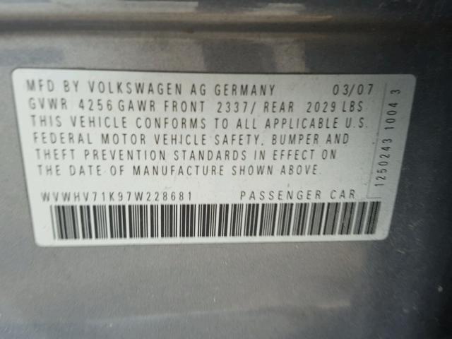 WVWHV71K97W228681 - 2007 VOLKSWAGEN NEW GTI GRAY photo 10