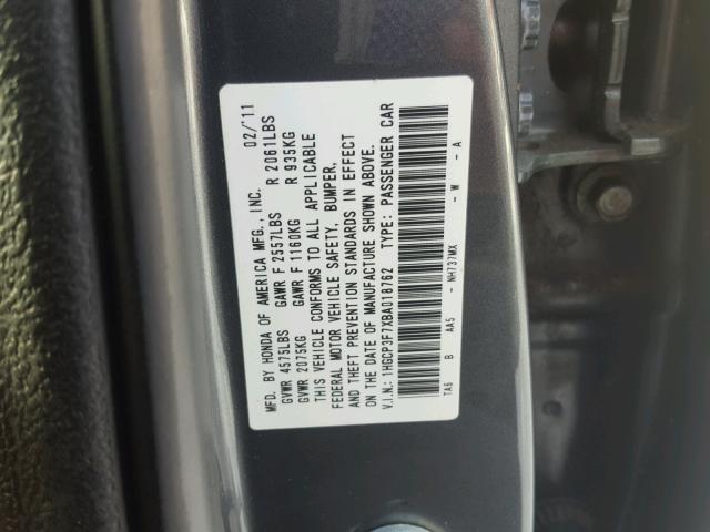 1HGCP3F7XBA018762 - 2011 HONDA ACCORD EX CHARCOAL photo 10