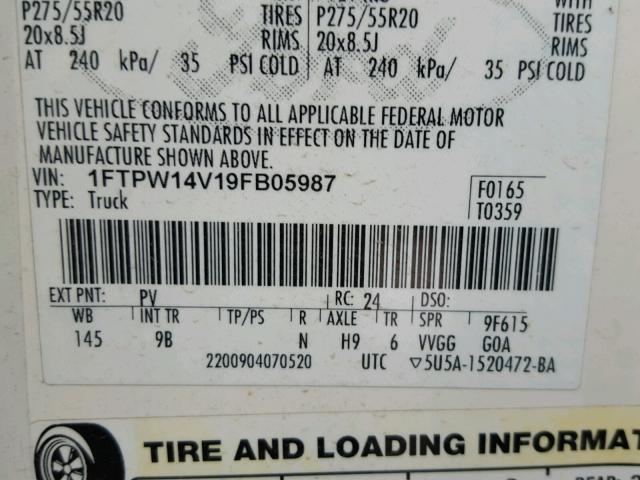 1FTPW14V19FB05987 - 2009 FORD F150 SUPER WHITE photo 10