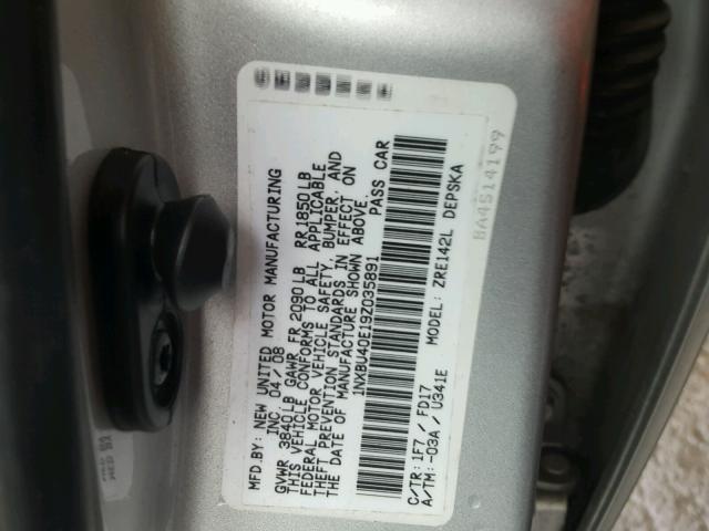 1NXBU40E19Z035891 - 2009 TOYOTA COROLLA BA SILVER photo 10