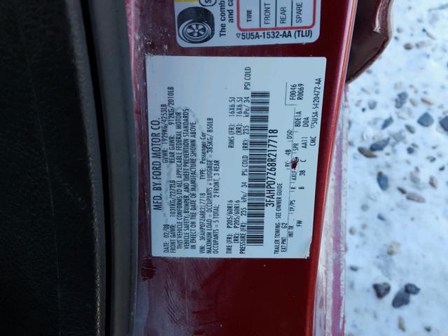 3FAHP07Z68R217718 - 2008 FORD FUSION SE MAROON photo 10