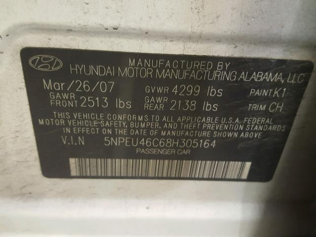 5NPEU46C68H305164 - 2008 HYUNDAI SONATA SE SILVER photo 10