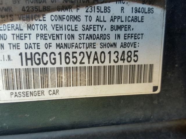 1HGCG1652YA013485 - 2000 HONDA ACCORD EX GREEN photo 10