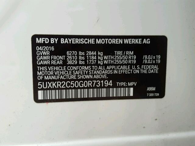 5UXKR2C50G0R73194 - 2016 BMW X5 SDRIVE3 WHITE photo 10