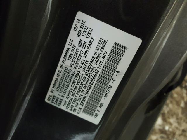 5FNRL5H46FB050642 - 2015 HONDA ODYSSEY EX GRAY photo 10