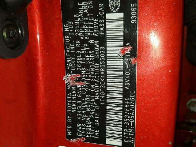 4T4BF3EK4AR055033 - 2010 TOYOTA CAMRY BASE RED photo 10