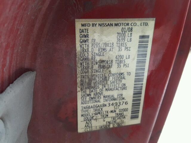 1N6BA06AX8N349376 - 2008 NISSAN TITAN XE RED photo 10