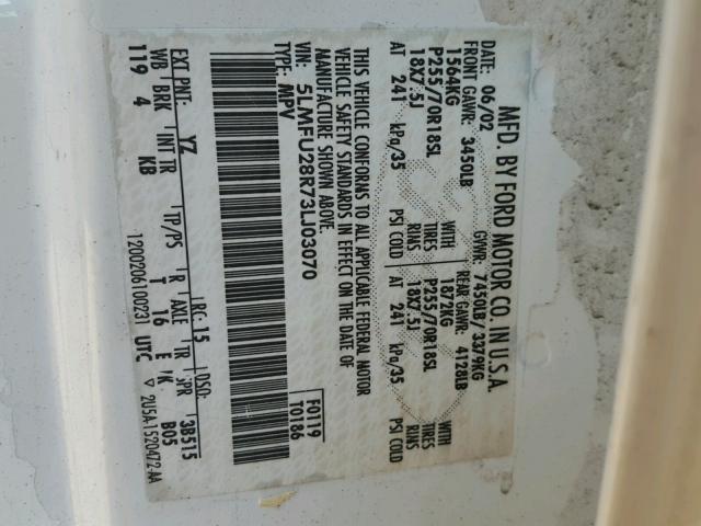 5LMFU28R73LJ03070 - 2003 LINCOLN NAVIGATOR WHITE photo 10