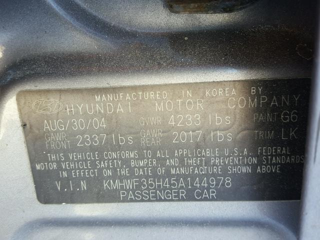 KMHWF35H45A144978 - 2005 HYUNDAI SONATA GLS GRAY photo 10