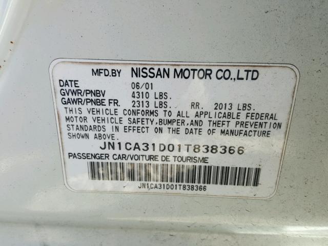 JN1CA31D01T838366 - 2001 NISSAN MAXIMA GXE WHITE photo 10