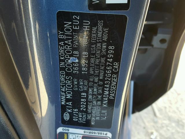 KNADM4A32G6674998 - 2016 KIA RIO LX Կապույտ լուսանկար 10