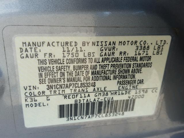 3N1CN7AP7CL853248 - 2012 NISSAN VERSA S SILVER photo 10