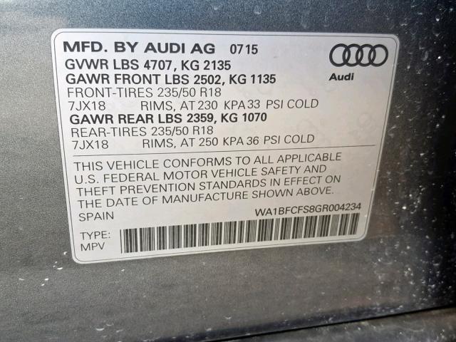 WA1BFCFS8GR004234 - 2016 AUDI Q3 PREMIUM GRAY photo 10