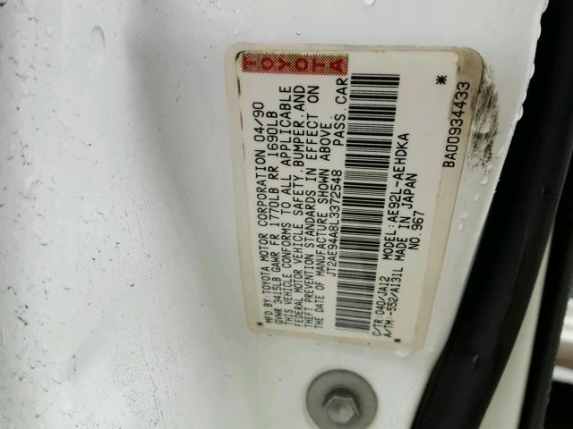 JT2AE94A8L3372548 - 1990 TOYOTA COROLLA DL WHITE photo 10