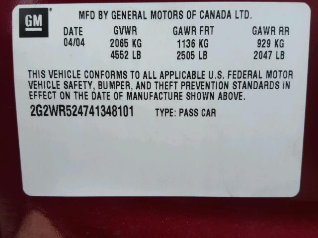 2G2WR524741348101 - 2004 PONTIAC GRAND PRIX RED photo 10