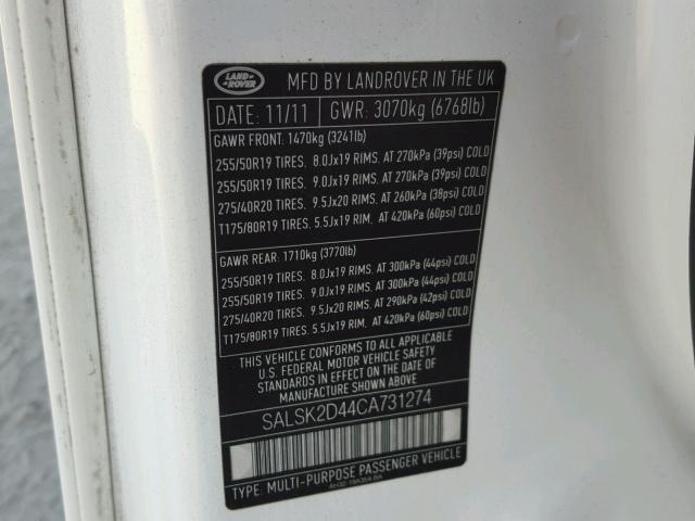 SALSK2D44CA731274 - 2012 LAND ROVER RANGE ROVE WHITE photo 10