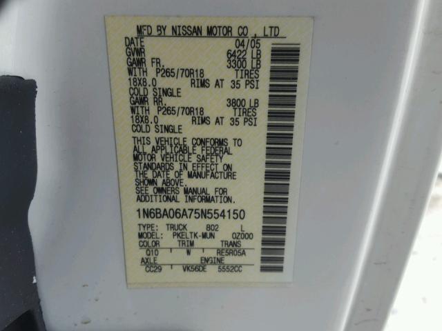 1N6BA06A75N554150 - 2005 NISSAN TITAN XE WHITE photo 10