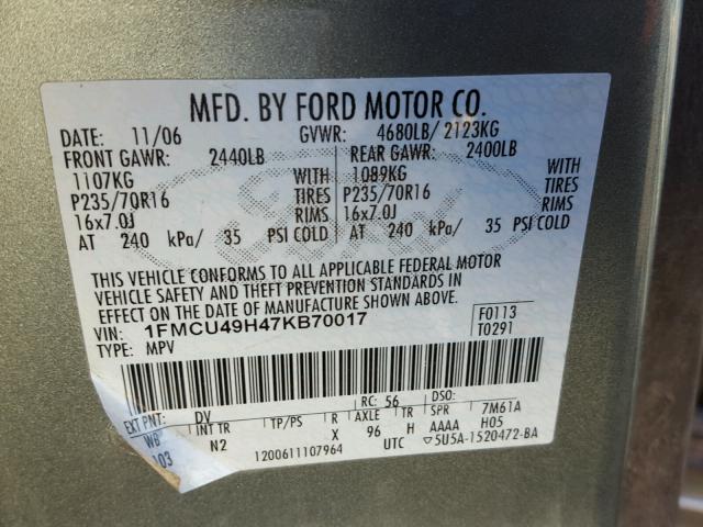 1FMCU49H47KB70017 - 2007 FORD ESCAPE HEV GREEN photo 10