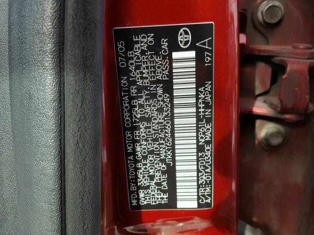 JTKKT624460133249 - 2006 TOYOTA SCION XA RED photo 10