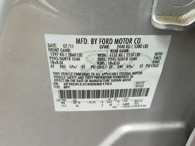 2FMDK3JC6BBB61763 - 2011 FORD EDGE SEL SILVER photo 10