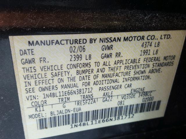 1N4BL11E66N381712 - 2006 NISSAN ALTIMA SE GRAY photo 10