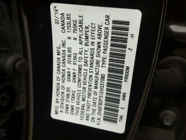 2HGFB2F51EH537080 - 2014 HONDA CIVIC LX BLACK photo 10