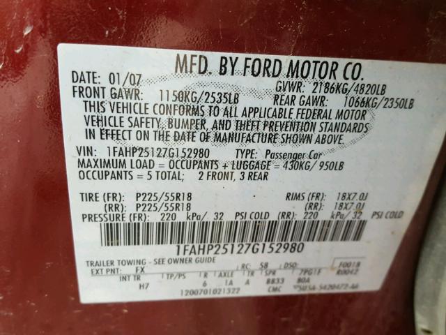 1FAHP25127G152980 - 2007 FORD FIVE HUNDR MAROON photo 10