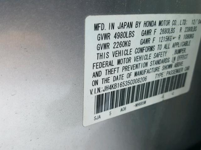 JH4KB16535C008206 - 2005 ACURA RL SILVER photo 10