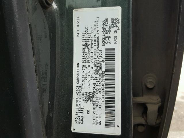 JTLKT324640137892 - 2004 TOYOTA SCION XB GREEN photo 10