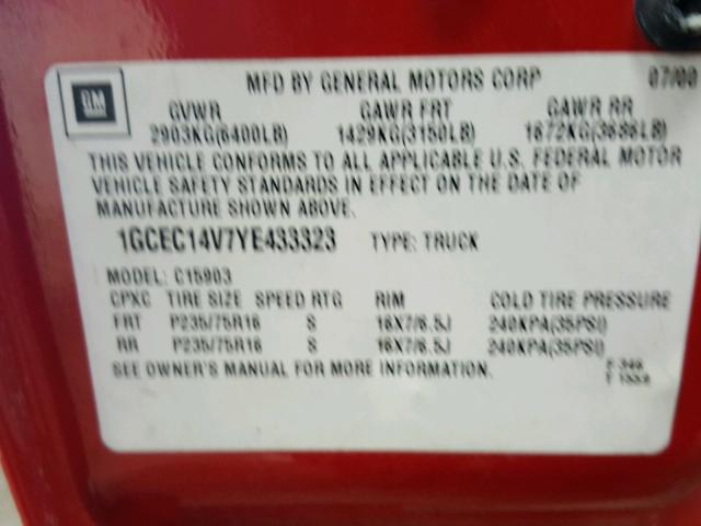 1GCEC14V7YE433323 - 2000 CHEVROLET SILVERADO RED photo 10