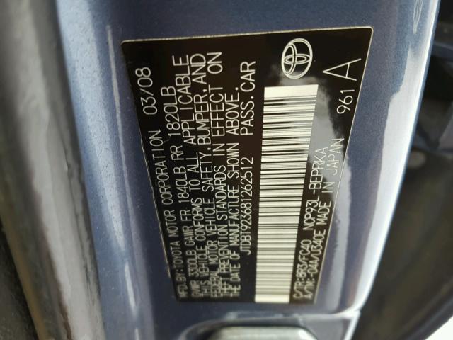 JTDBT923681262512 - 2008 TOYOTA YARIS BLUE photo 10