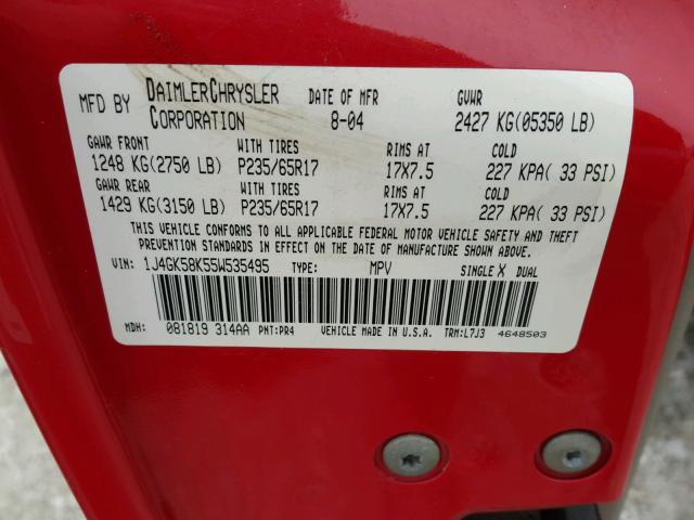 1J4GK58K55W535495 - 2005 JEEP LIBERTY LI RED photo 10
