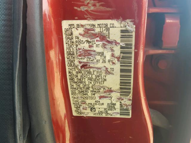 5N1ED28T81C540034 - 2001 NISSAN XTERRA XE RED photo 10