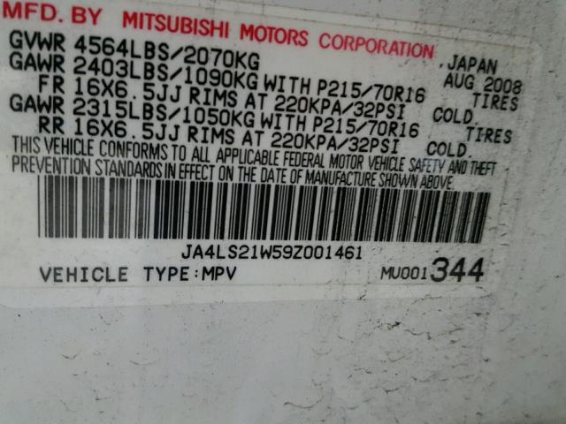 JA4LS21W59Z001461 - 2009 MITSUBISHI OUTLANDER WHITE photo 10