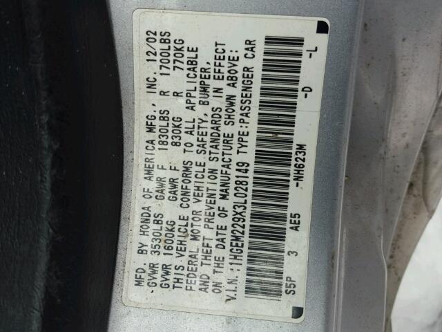 1HGEM229X3L028149 - 2003 HONDA CIVIC EX SILVER photo 10