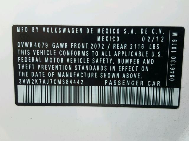 3VW2K7AJ7CM384442 - 2012 VOLKSWAGEN JETTA BASE თეთრი ფოტო 10