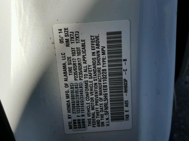 5FNRL5H61EB110228 - 2014 HONDA ODYSSEY EX WHITE photo 10