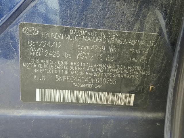 5NPEC4AC4DH630755 - 2013 HYUNDAI SONATA SE BLUE photo 10