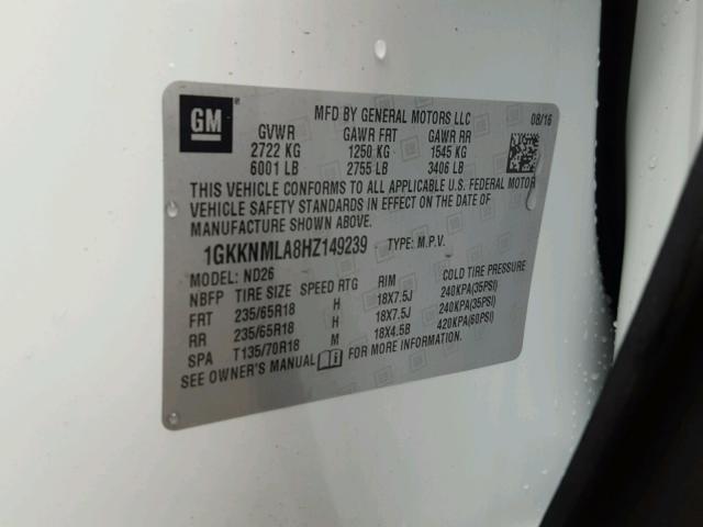 1GKKNMLA8HZ149239 - 2017 GMC ACADIA SLT თეთრი ფოტო 10