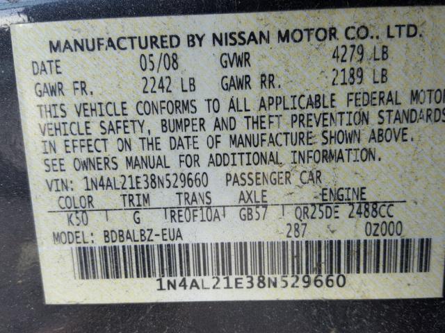 1N4AL21E38N529660 - 2008 NISSAN ALTIMA 2.5 CHARCOAL photo 10