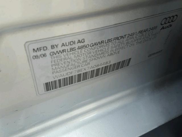 WAUDF78EX7A084483 - 2007 AUDI A4 2.0T QU SILVER photo 10