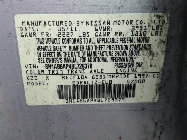 3N1AB6AP4BL729379 - 2011 NISSAN SENTRA 2.0 SILVER photo 10