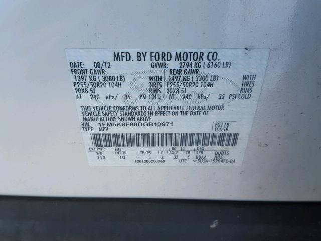 1FM5K8F89DGB10971 - 2013 FORD EXPLORER L WHITE photo 10