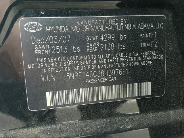 5NPET46C38H397661 - 2008 HYUNDAI SONATA GLS BLACK photo 10