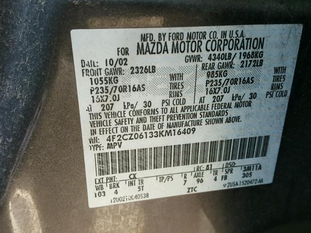 4F2CZ06133KM16409 - 2003 MAZDA TRIBUTE ES 灰色 照片 10