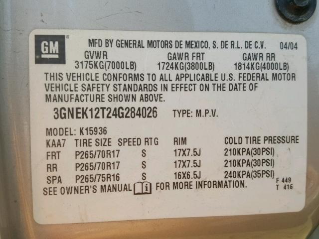 3GNEK12T24G284026 - 2004 CHEVROLET AVALANCHE BEIGE photo 10