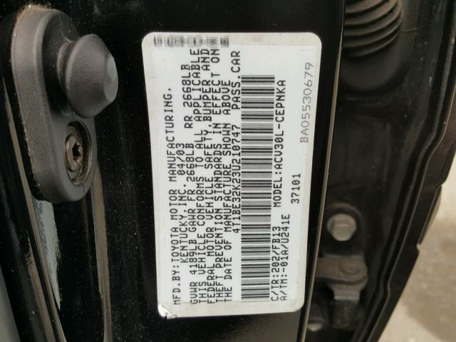 4T1BE32K23U210747 - 2003 TOYOTA CAMRY LE შავი ფოტო 10