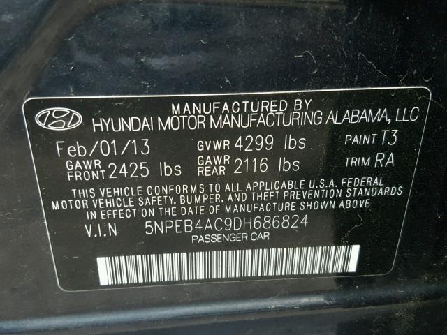 5NPEB4AC9DH686824 - 2013 HYUNDAI SONATA GLS BLACK photo 10