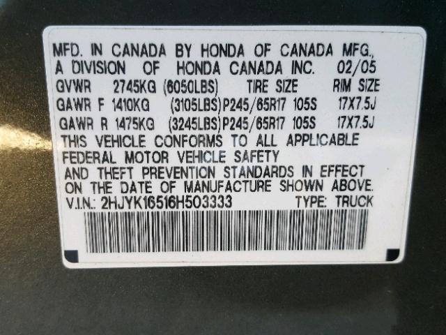 2HJYK16516H503333 - 2006 HONDA RIDGELINE GREEN photo 10